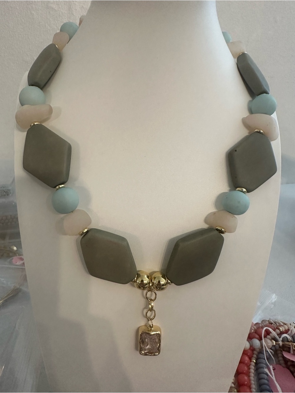 Womens Statement Necklace in Sage Green and Pale Blue - Elegant Pendant Design